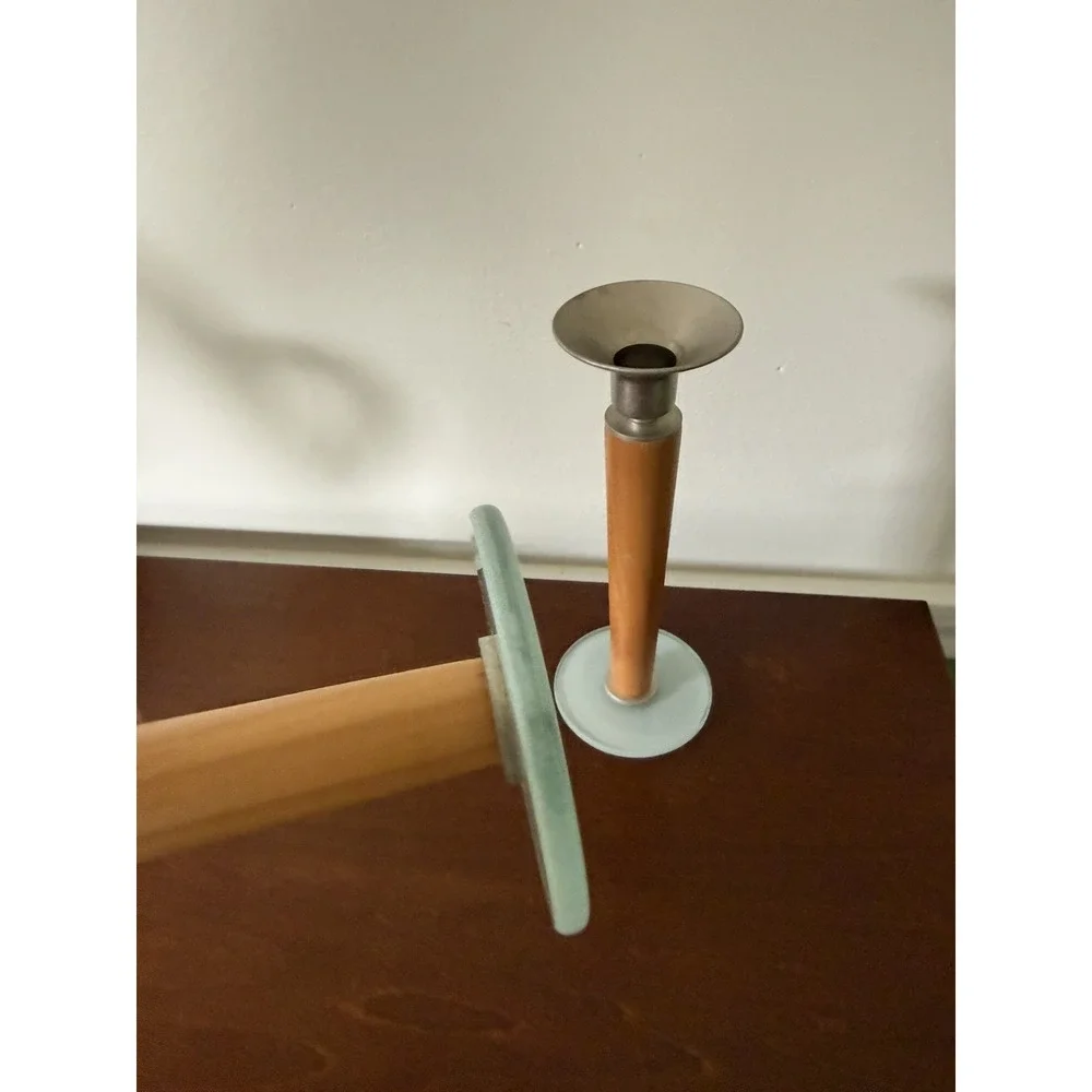 Mid Century Modern Danish Teak Wood Frosted Glass Candlesticks MCM Set of 2